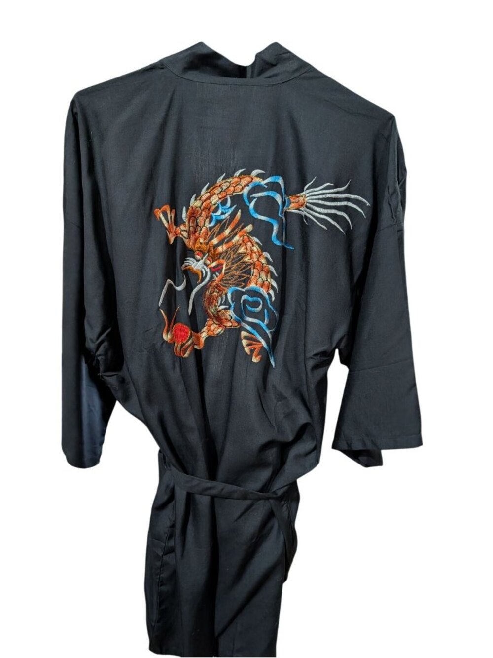 Dragon Embroidered Black Kimono Robe With Belt & Pockets Size L